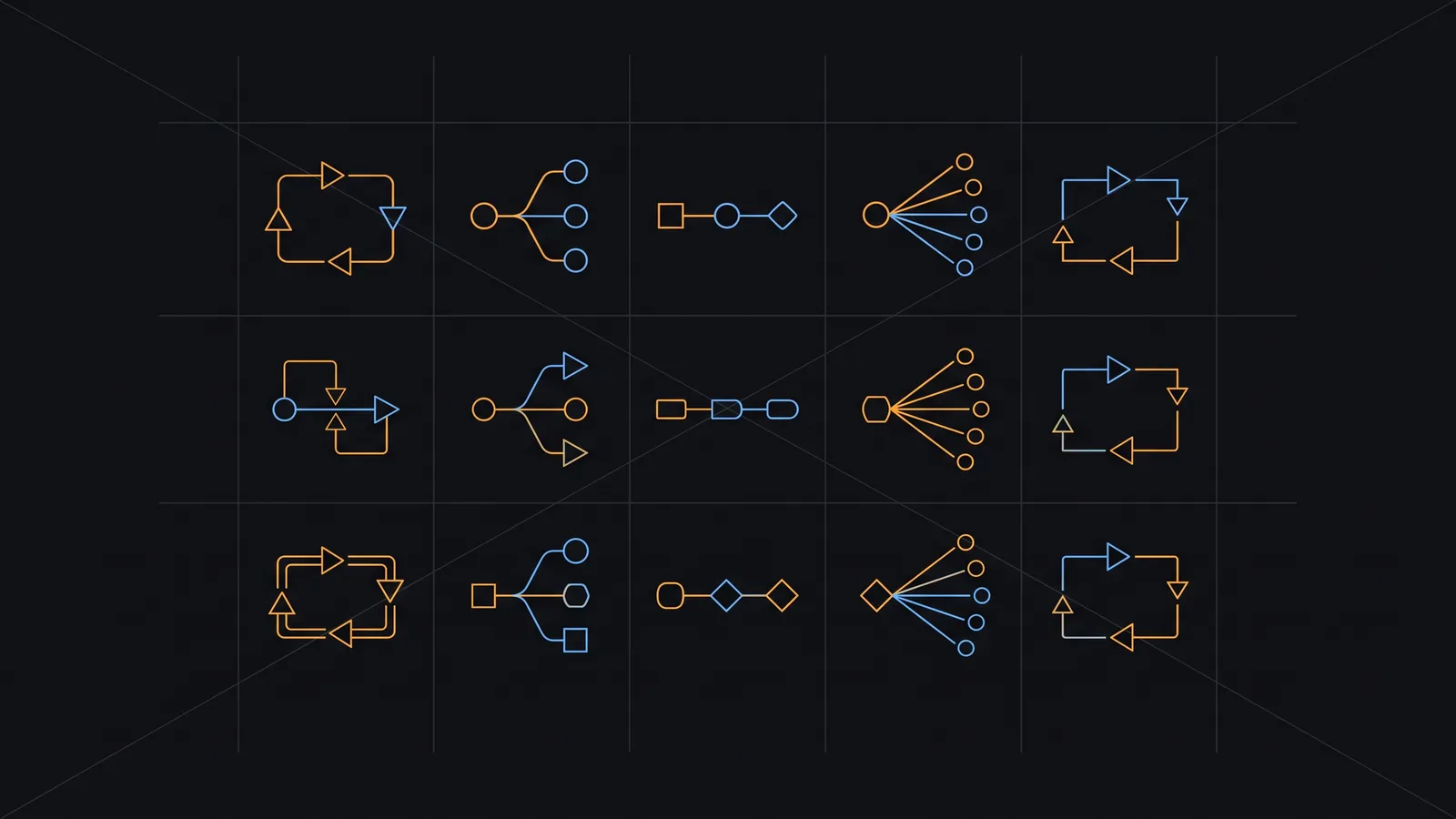 Abstract line diagram of agentic design patterns — a grid of small distinct node-diagram motifs (loop, branch, chain, fan-out, feedback) forming a pattern library, amber and blue over a dark grid.