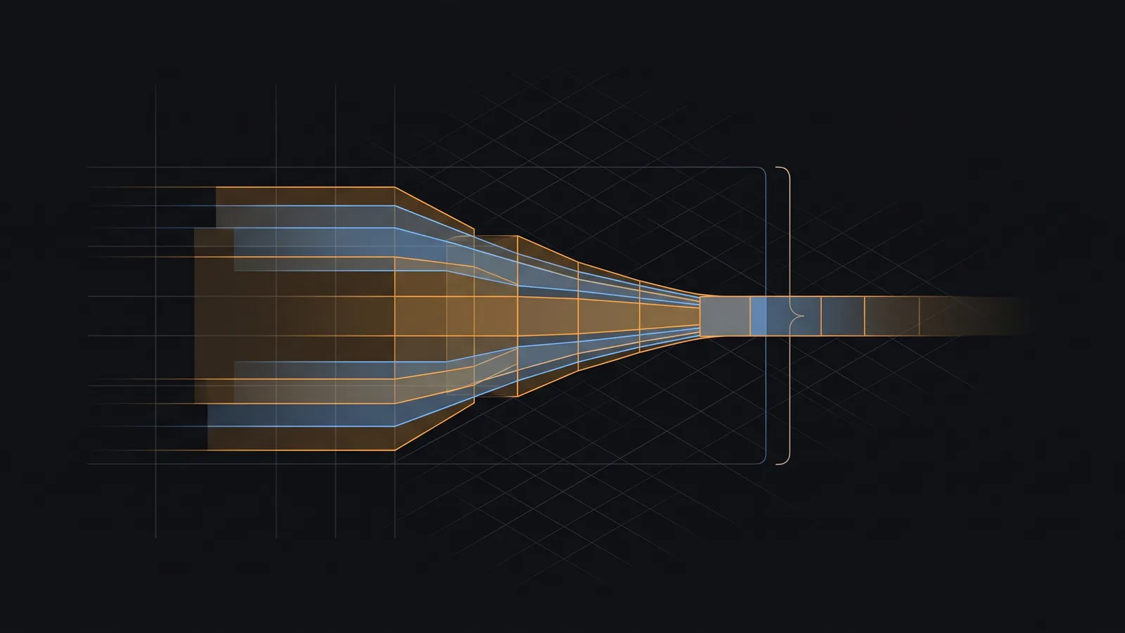 Abstract line diagram of a context window — stacked translucent layers assembling into a token stream against a boundary bracket, overflow tapering into the dark, amber and blue over a dark grid.