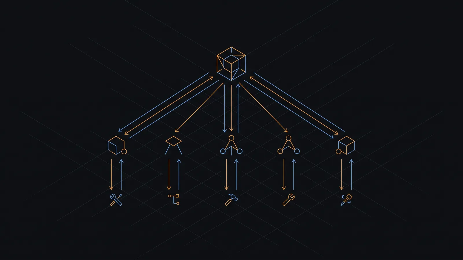 Abstract line diagram of multi-agent orchestration — an orchestrator delegating to a fanned row of sub-agent nodes each linked to a tool glyph, arrows flowing down and back up, amber and blue over a dark grid.