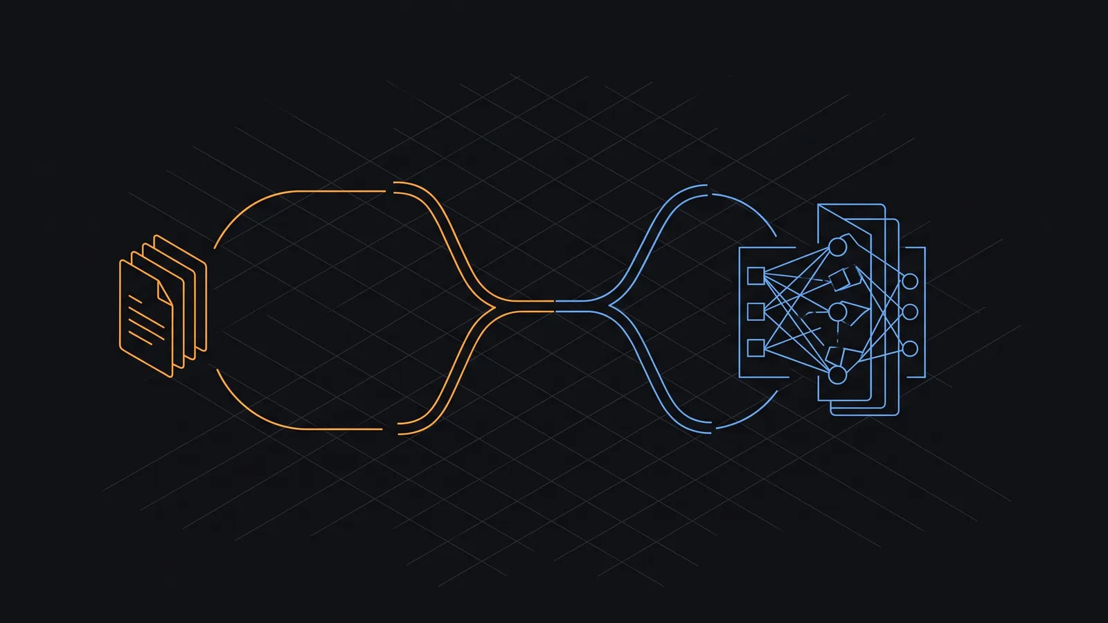 Abstract line diagram contrasting RAG and fine-tuning — one path forking into an amber retrieval route to document cards and a blue route into a reshaping network block, symmetric over a dark grid.